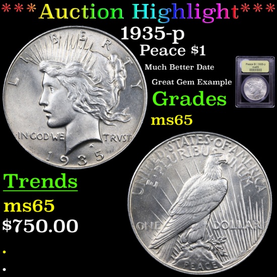 ***Auction Highlight*** 1935-p Peace Dollar $1 Graded GEM Unc By USCG (fc)