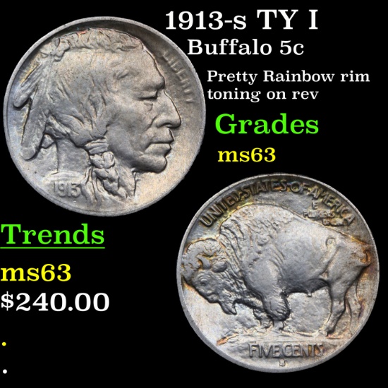 1913-s TY I Buffalo Nickel 5c Grades Select Unc