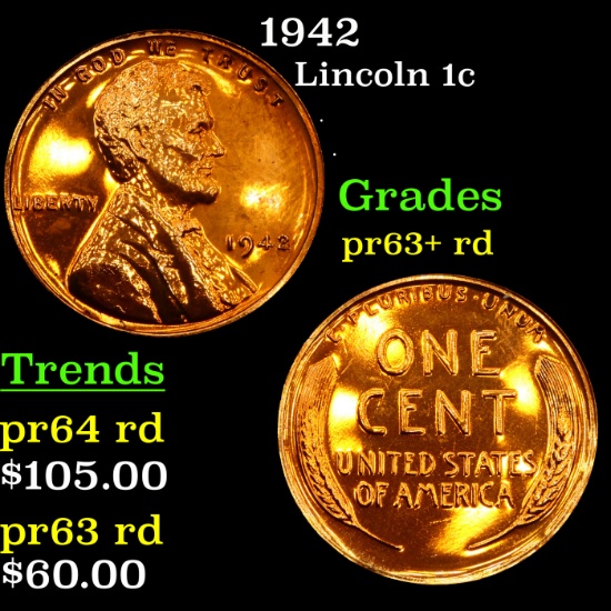 Proof 1942 Lincoln Cent 1c Grades Select+ Proof Red
