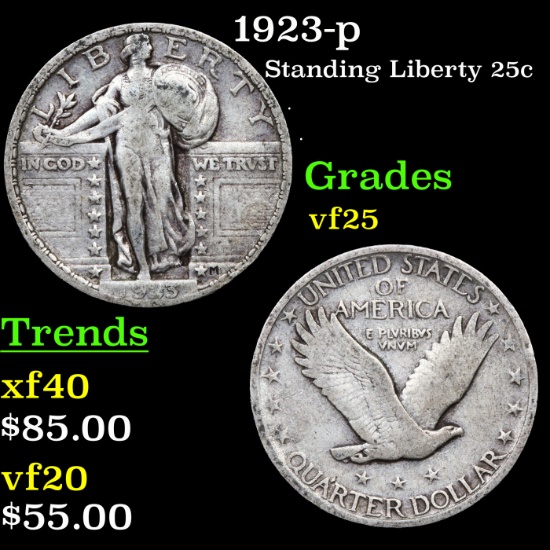 1923-p Standing Liberty Quarter 25c Grades vf+