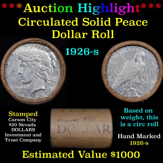 ***Auction Highlight*** Full solid Date 1926-s Peace silver dollar roll, 20 coin (fc)