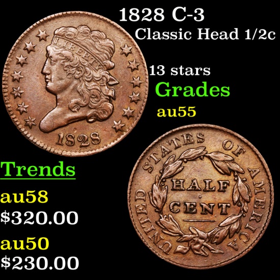 1828 C-3 Classic Head half cent 1/2c Grades Choice AU