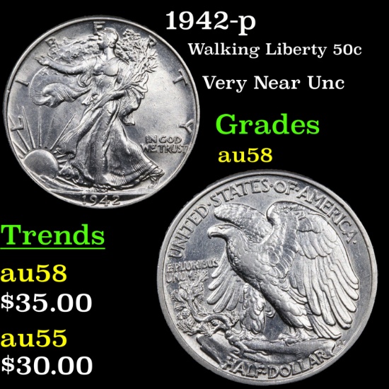 1942-p Walking Liberty Half Dollar 50c Grades Choice AU/BU Slider