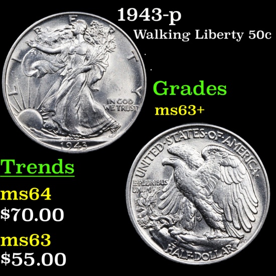 1943-p Walking Liberty Half Dollar 50c Grades Select+ Unc