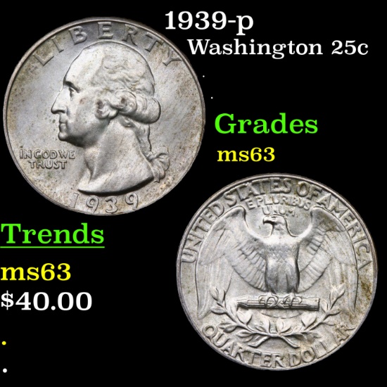 1939-p Washington Quarter 25c Grades Select Unc