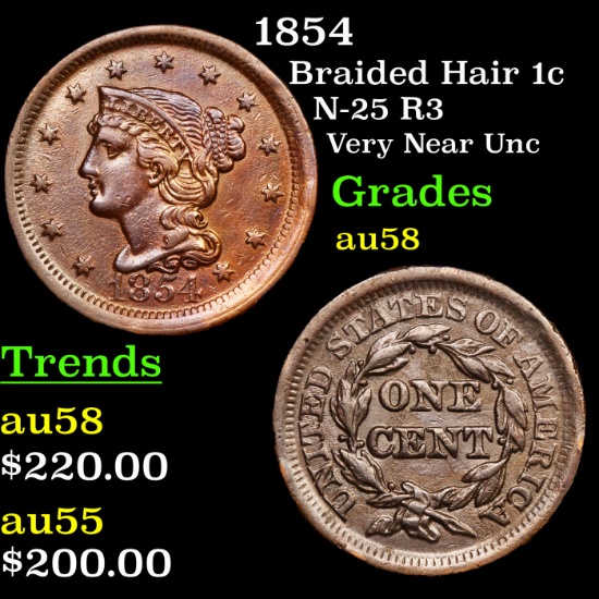 1854 Braided Hair Large Cent 1c Grades Choice AU/BU Slider