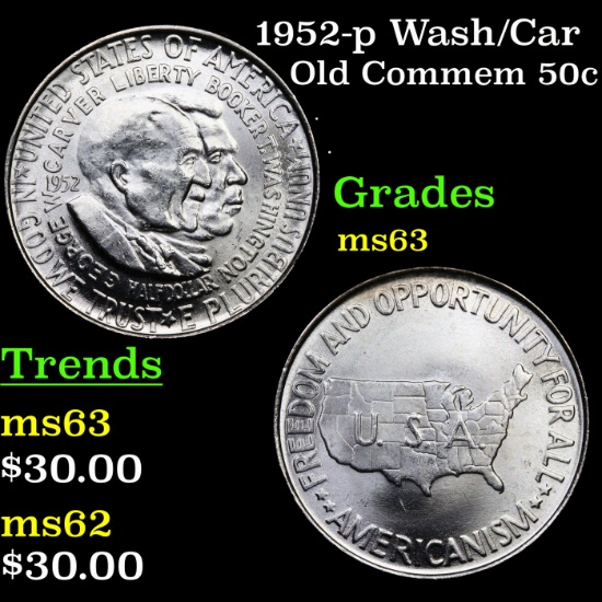1952-p Wash/Car Old Commem Half Dollar 50c Grades Select Unc