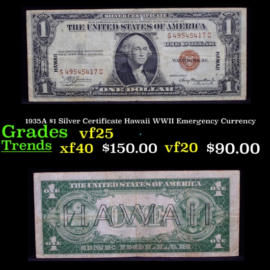 1935A $1 Silver Certificate Hawaii WWII Emergency Currency Grades vf+