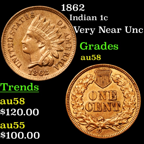 1862 Indian Cent 1c Grades Choice AU/BU Slider