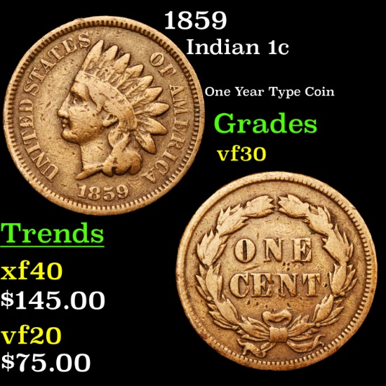 1859 Indian Cent 1c Grades vf++