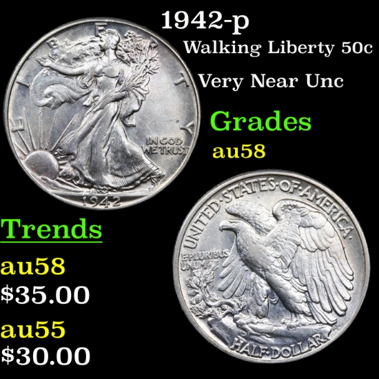 1942-p Walking Liberty Half Dollar 50c Grades Choice AU/BU Slider