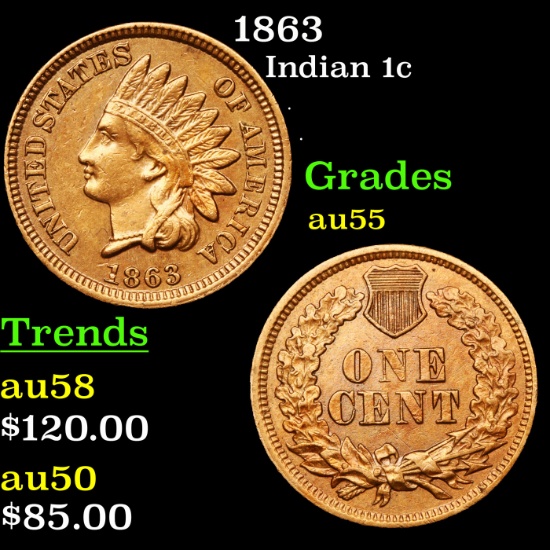 1863 Indian Cent 1c Grades Choice AU