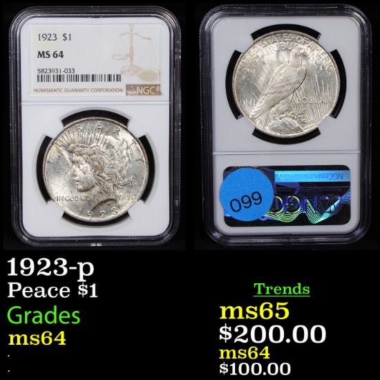 NGC 1923-p Peace Dollar $1 Graded ms64 By NGC