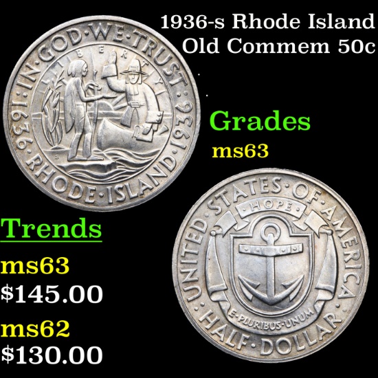 1936-s Rhode Island Old Commem Half Dollar 50c Grades Select Unc