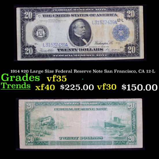 1914 $20 Large Size Federal Reserve Note San Francisco, CA 12-L Grades vf++