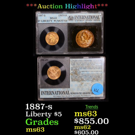 ***Auction Highlight*** 1887-s Gold Liberty Half Eagle $5 GRaded ms63 By INGS (fc)
