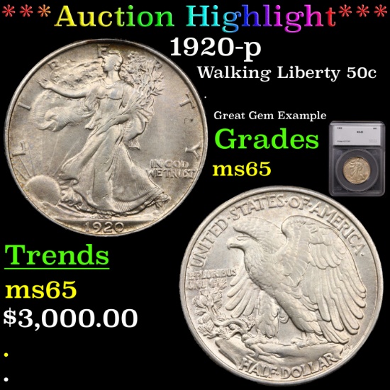 ***Auction Highlight*** 1920-p Walking Liberty Half Dollar 50c Graded ms65 By SEGS (fc)