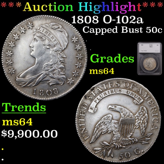 *HIGHLIGHT OF NIGHT* 1808 O-102a Capped Bust Half Dollar 50c Graded ms64 By SEGS (fc)