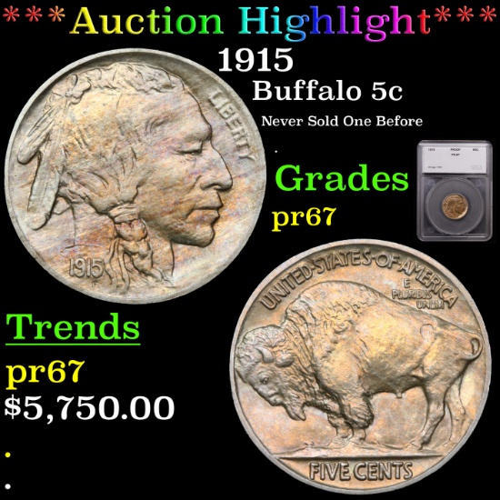 Proof ***Auction Highlight*** 1915 Buffalo Nickel 5c Graded pr67 By SEGS (fc)