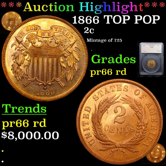 Proof ***Auction Highlight*** 1866 TOP POP Two Cent Piece 2c Graded pr66 rd By SEGS (fc)