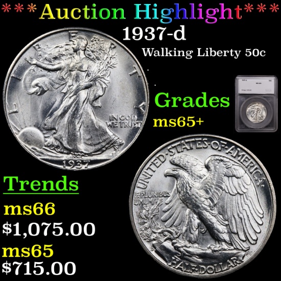 ***Auction Highlight*** 1937-d Walking Liberty Half Dollar 50c Graded ms65+ By SEGS (fc)