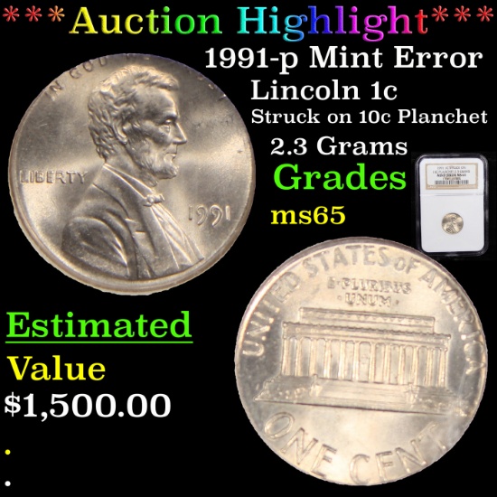 ***Auction Highlight*** NGC 1991-p Mint Error Lincoln Cent 1c Graded ms65 By NGC (fc)