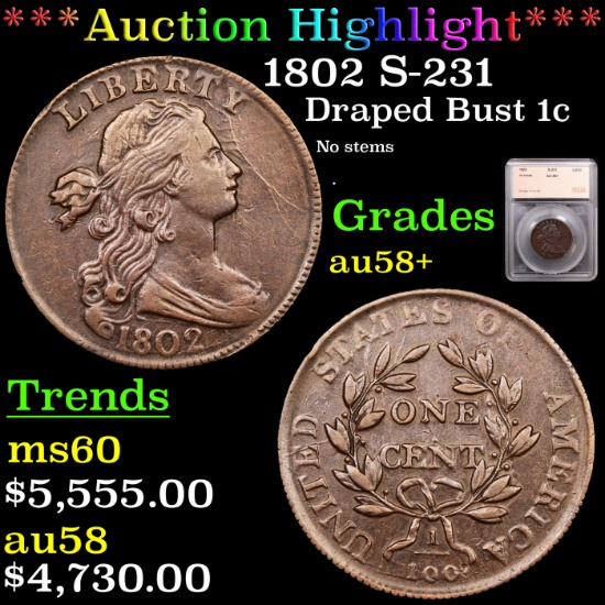 *HIGHLIGHT OF ENTIRE AUCTION* 1802 S-231 Draped Bust Large Cent 1c Graded au58+ By SEGS (fc)