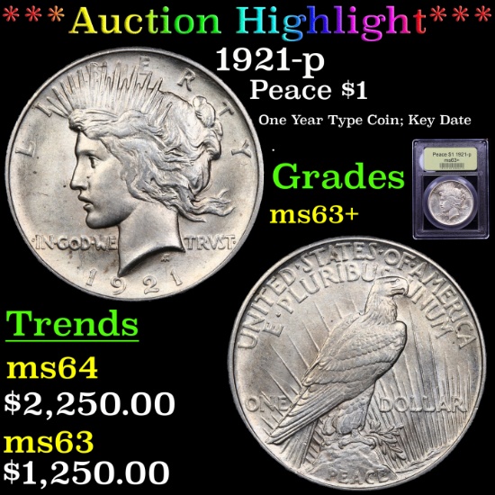 ***Auction Highlight*** 1921-p Peace Dollar $1 Graded Select+ Unc By USCG (fc)