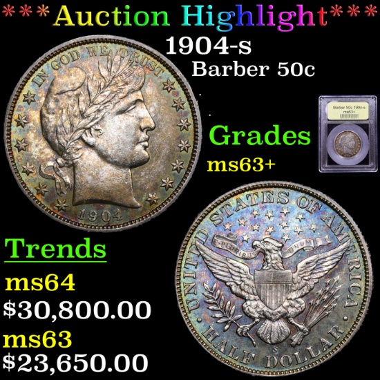 *HIGHLIGHT OF ENTIRE AUCTION* 1904-s Barber Half Dollars 50c Graded Select+ Unc By USCG (fc)