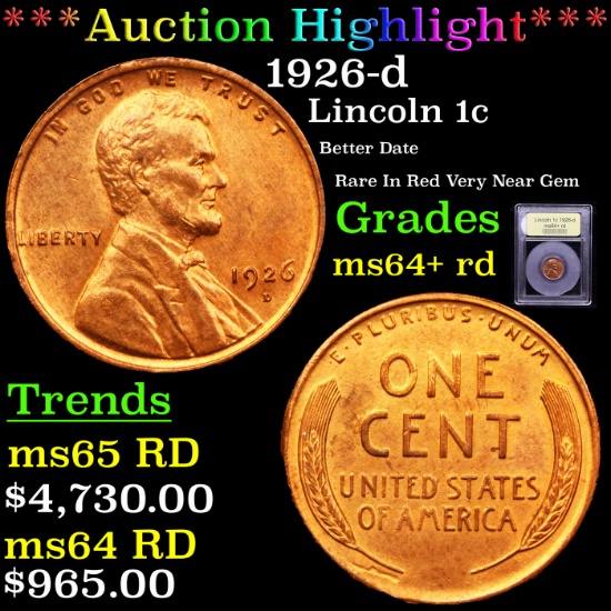 ***Auction Highlight*** 1926-d Lincoln Cent 1c Graded Choice+ Unc RD By USCG (fc)