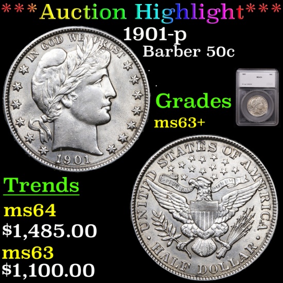 ***Auction Highlight*** 1901-p Barber Half Dollars 50c Graded ms63+ By SEGS (fc)
