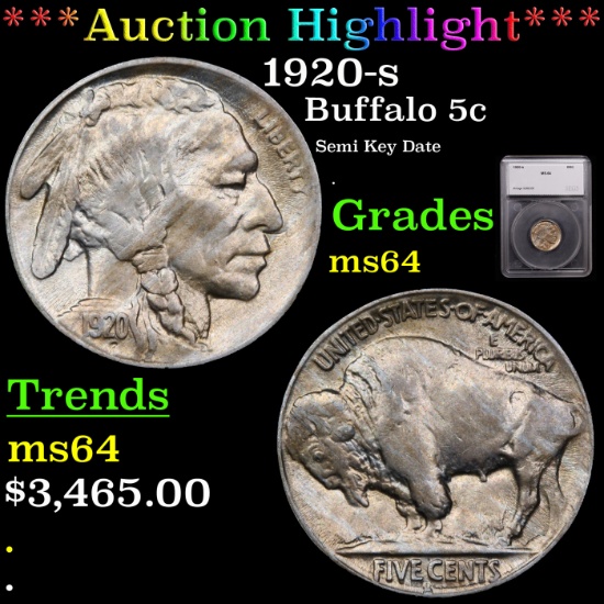 ***Auction Highlight*** 1920-s Buffalo Nickel 5c Graded ms64 By SEGS (fc)