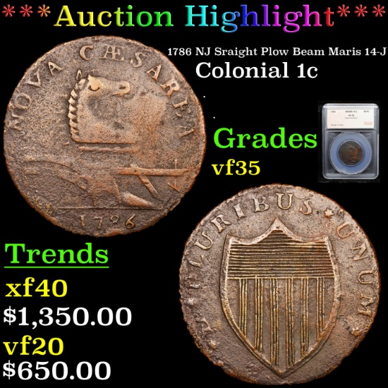 ***Auction Highlight*** 1786 NJ Sraight Plow Beam Maris 14-J Colonial Cent 1c Graded vf35 By SEGS (f