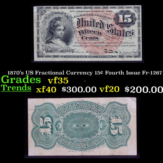 1870's US Fractional Currency 15¢ Fourth Issue Fr-1267 Grades vf++
