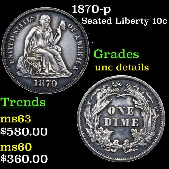 1870-p Seated Liberty Dime 10c Grades Unc Details