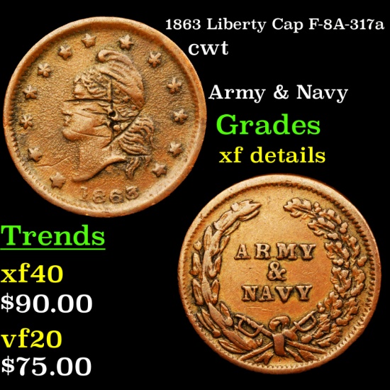 1863 Liberty Cap F-8A-317a Civil War Token 1c Grades xf details