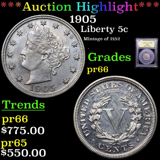 Proof ***Auction Highlight*** 1905 Liberty Nickel 5c Graded GEM+ Proof By USCG (fc)