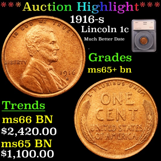 ***Auction Highlight*** 1916-s Lincoln Cent 1c Graded ms65+ bn By SEGS (fc)