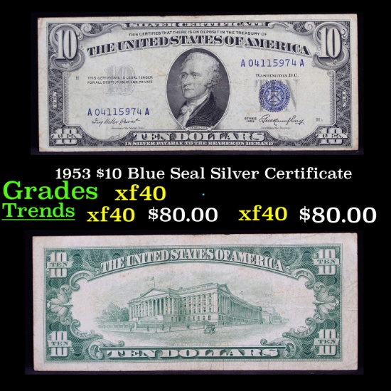 1953 $10 Blue Seal Silver Certificate Grades xf