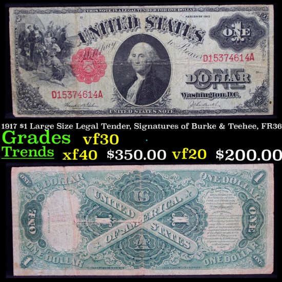 1917 $1 Large Size Legal Tender, Signatures of Burke & Teehee, FR36 Grades vf++