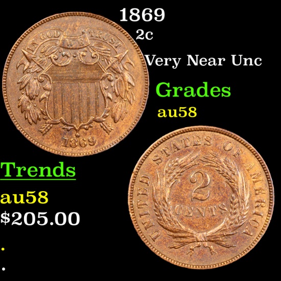 1869 Two Cent Piece 2c Grades Choice AU/BU Slider