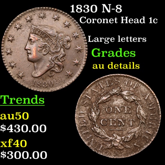 1830 N-8 Coronet Head Large Cent 1c Grades AU Details