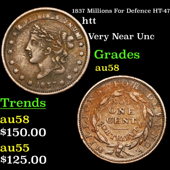 1837 Millions For Defence HT-47 Hard Times Token 1c Grades Choice AU/BU Slider