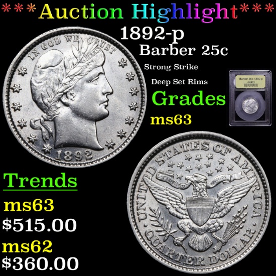 ***Auction Highlight*** 1892-p Barber Quarter 25c Graded Select Unc By USCG (fc)