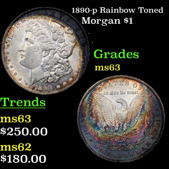 1890-p Rainbow Toned Morgan Dollar $1 Grades Select Unc