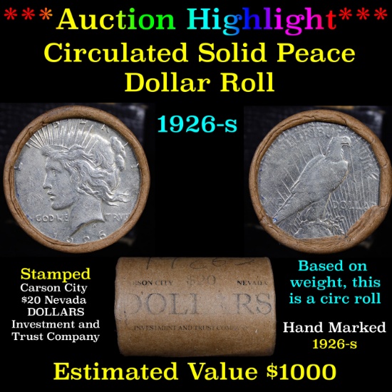 ***Auction Highlight*** Full solid Date 1926-s Peace silver dollar roll, 20 coin (fc)