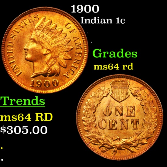 1900 Indian Cent 1c Grades Choice Unc RD