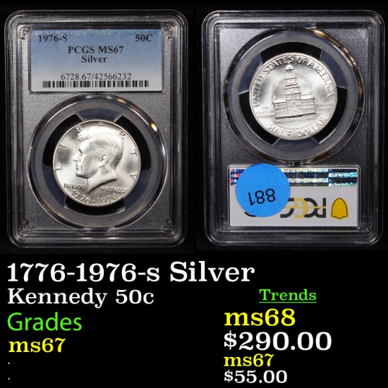 PCGS 1776-1976-s Silver Kennedy Half Dollar 50c Graded ms67 By PCGS