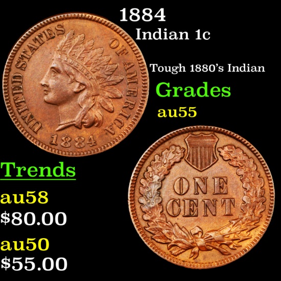 1884 Indian Cent 1c Grades Choice AU