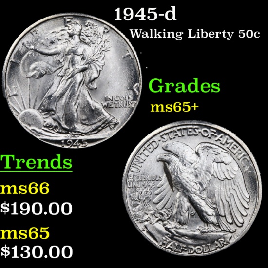1945-d Walking Liberty Half Dollar 50c Grades GEM+ Unc